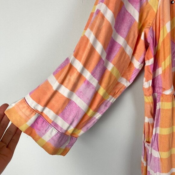 Torrid Peach Plaid Stretch Challis Shirt Dress Womens 3X Tie Waist Collar V Neck - Picture 4 of 10